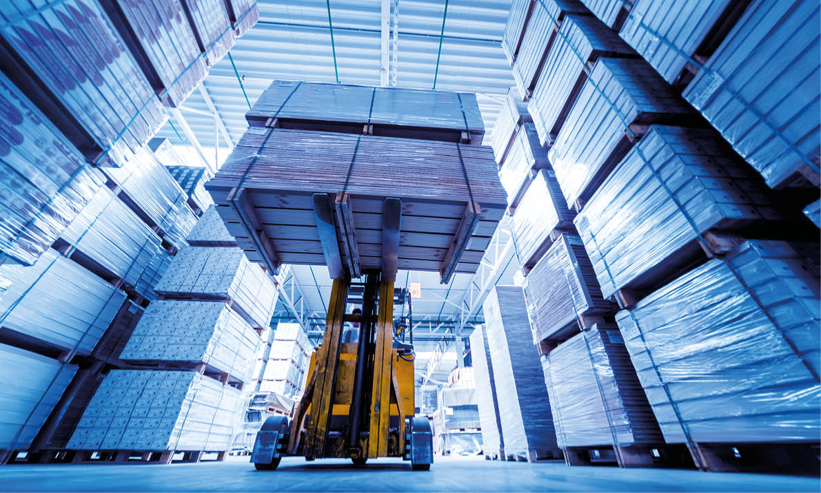 Forklift loader in storage warehouse ship yard. Distribution products. Delivery. Logistics. Transportation. Business background
