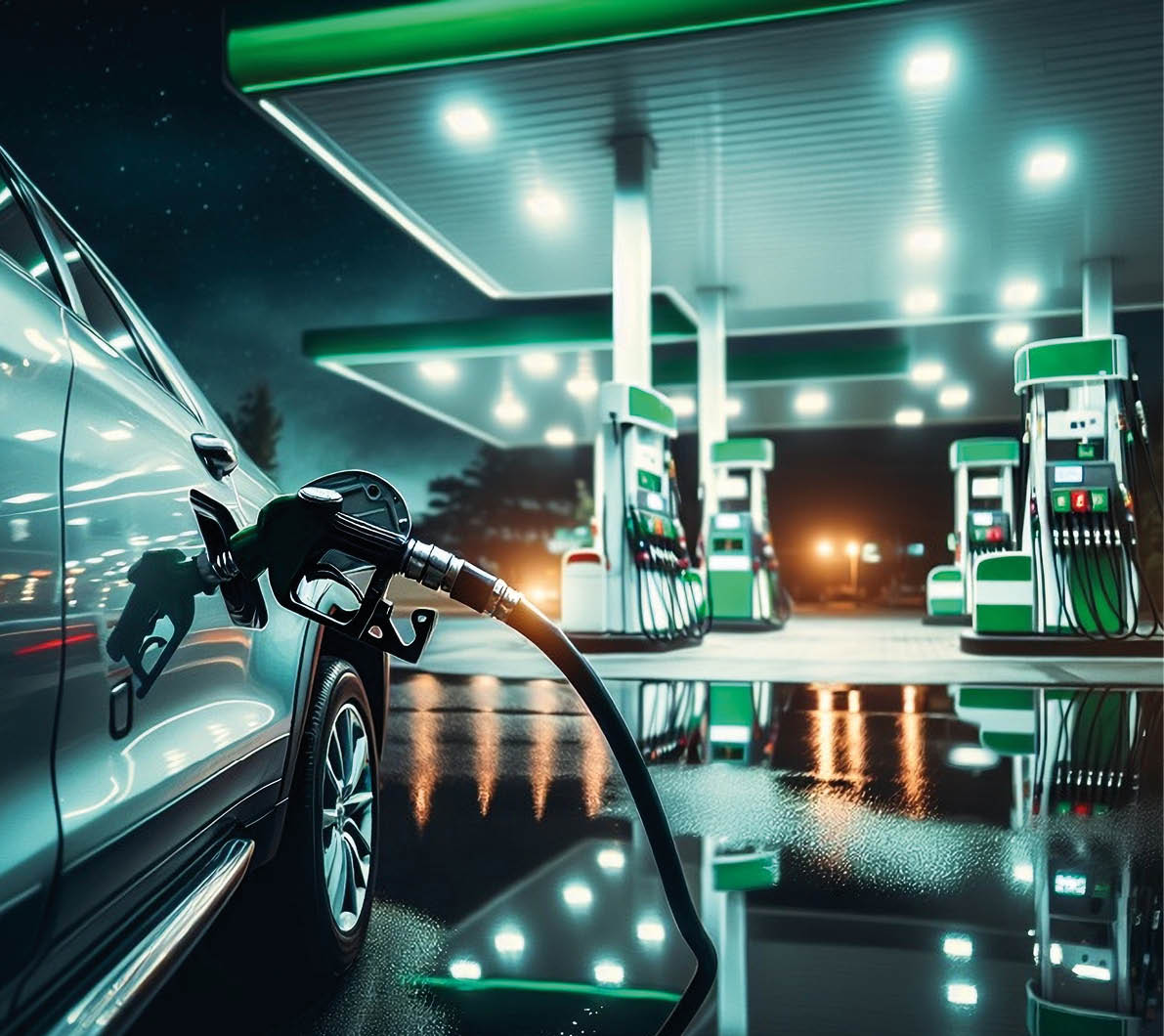 A car is refueling at a brightly lit gas station at night with reflections visible on the wet ground. Description generated by AI