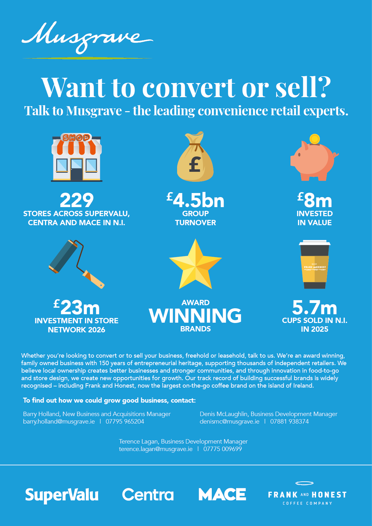 Musgrave advertisement promoting their convenience retail business with key highlights about store numbers, turnover, investment, awards, and contact information on a blue background with logos of SuperValu, Centra, MACE, and Frank and Honest Coffee Co. at the bottom. Description generated by AI