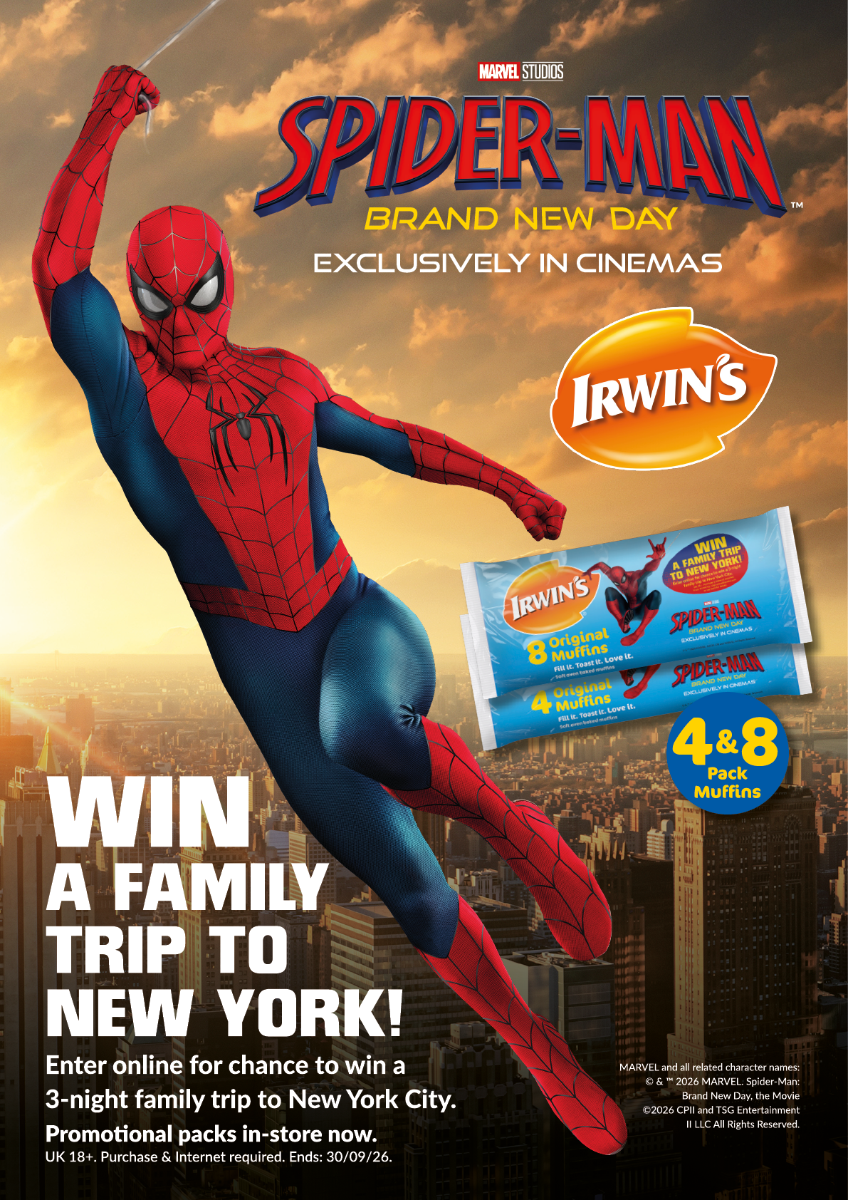 Spider-Man in his classic costume swings over a city skyline with promotional text for a Spider-Man branded muffin contest offering a family trip to New York. Description generated by AI