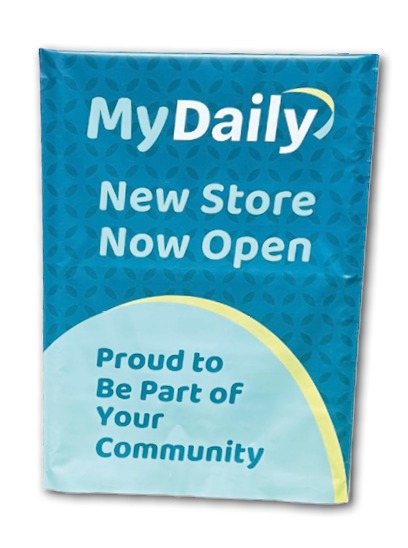 A blue and light blue sign with the text MyDaily New Store Now Open Proud to Be Part of Your Community. Description generated by AI