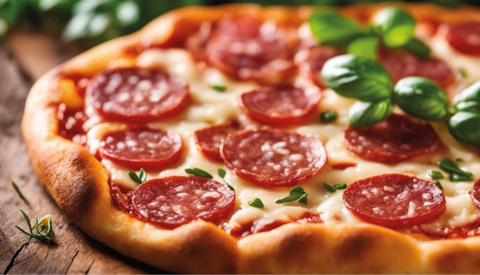 A freshly baked pepperoni pizza with melted cheese and basil leaves on a wooden surface. Description generated by AI