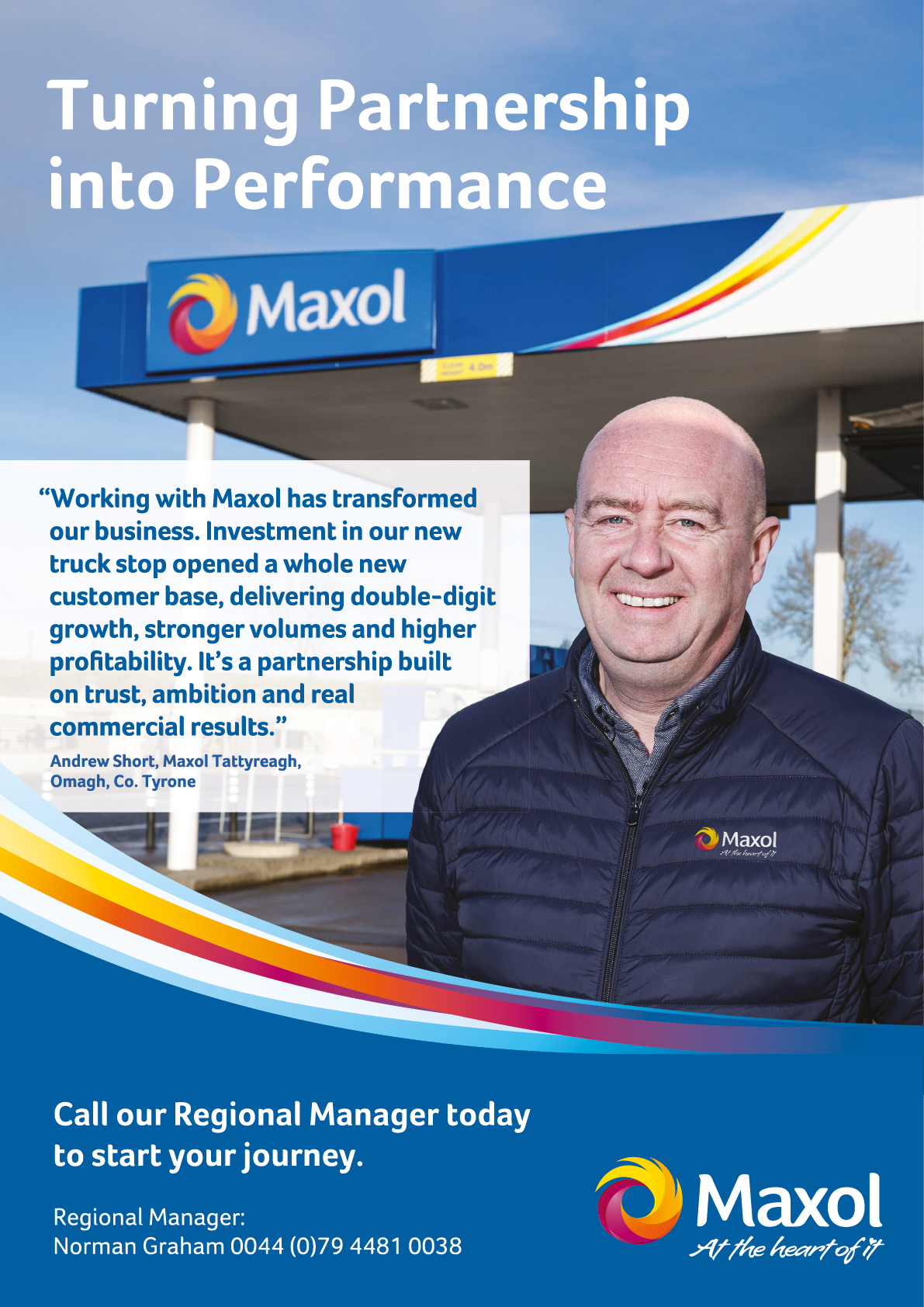 A senior person wearing a Maxol jacket stands smiling in front of a Maxol gas station with text promoting partnership and business growth alongside contact information for a regional manager. Description generated by AI