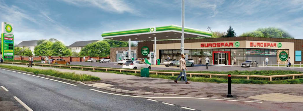 A gas station with a Eurospar convenience store, several parked cars, and people walking near the road under a partly cloudy sky. Description generated by AI