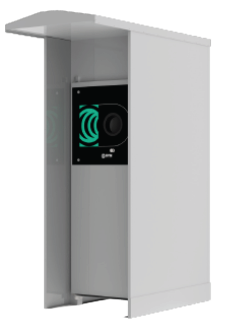 A gray metal enclosure with a small black panel featuring a circular design and a green logo inside. Description generated by AI