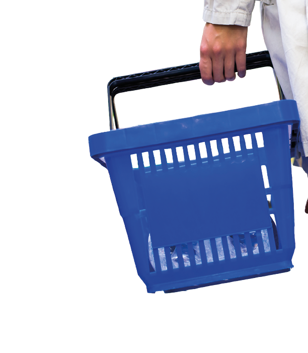 A person wearing light-colored pants and a light jacket is holding a blue plastic shopping basket with a black handle. Description generated by AI