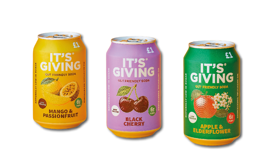 Three colorful cans of gut friendly soda in mango and passionfruit, black cherry, and apple and elderflower flavors are displayed side by side. Description generated by AI
