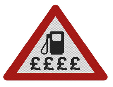 A triangular warning sign with a red border showing a fuel pump icon above four British pound symbols indicating high fuel prices. Description generated by AI