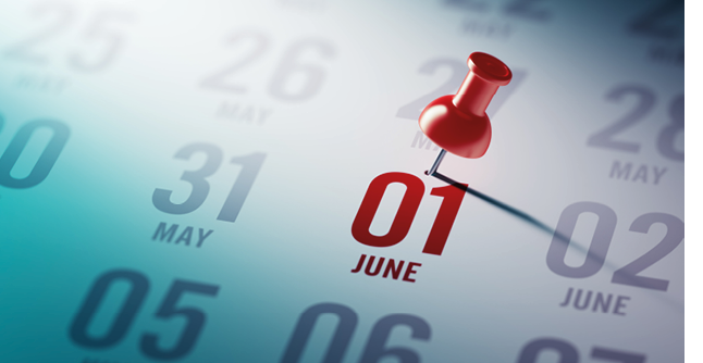 A red pushpin marks the date June 1st on a calendar with surrounding dates in May and June. Description generated by AI