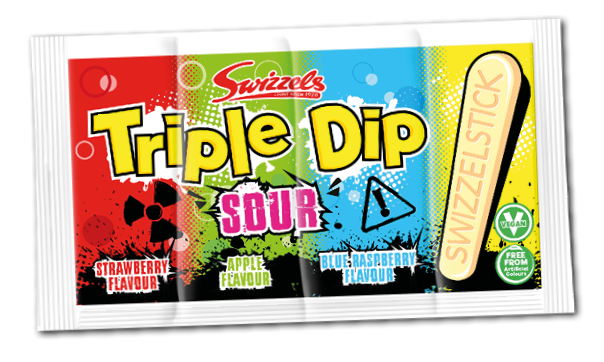 Brightly colored packaging for Swizzels Triple Dip candy featuring strawberry, apple, and blue raspberry flavors with bold, playful text and graphic elements. Description generated by AI