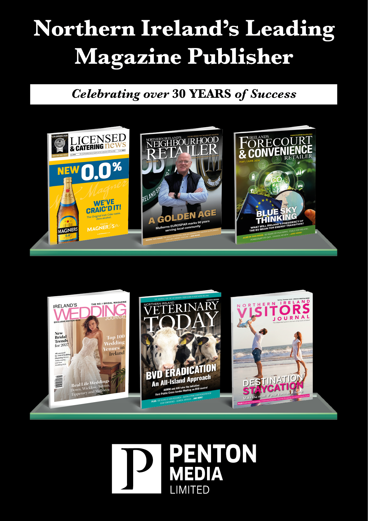 Northern Ireland's leading magazine publisher Penton Media Limited showcases six magazine covers featuring topics like retail, convenience, weddings, veterinary care, and visitors. Description generated by AI