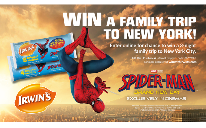 A promotional image featuring Spider-Man hanging upside down against a city skyline with text offering a chance to win a family trip to New York and branding for Irwin's and the Spider-Man movie. Description generated by AI