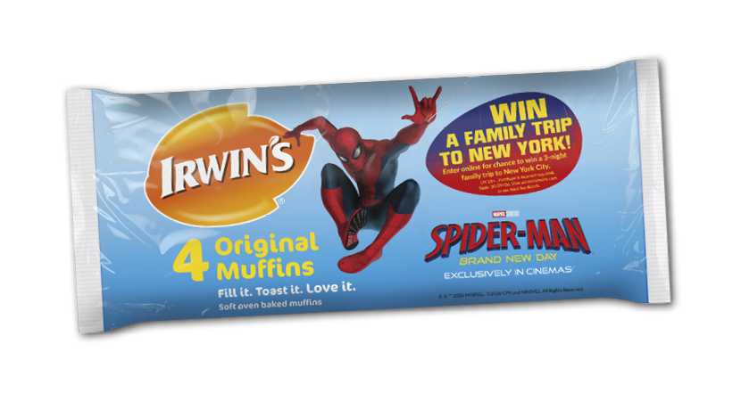 A package of Irwin's Original Muffins featuring Spider-Man in a dynamic pose with a promotion for a family trip to New York and branding for the Spider-Man movie “Brand New Day." Description generated by AI