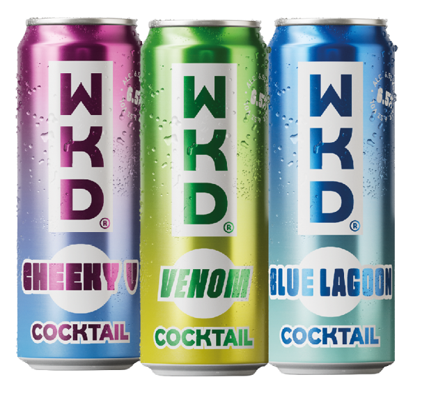 Three colorful cans of WKD cocktails in pink, green, and blue with the flavors Cherry, Venom, and Blue Lagoon displayed on the front. Description generated by AI