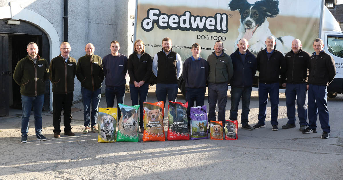 The Feedwell Dog Food team: l-r, sales team Austin Kavanagh, Jeff McMaster, and Michael McCullough; Pearse Brogan, office; Vicky Dobbin, Financial Director; Jamie Clegg, Managing Director; Rauiri Toner, Gerard Sloan and Vincent Bannon, Production Operators;Sean Croskery, Factory Manager; with Paul Smylie and Stephen McCovery, van drivers. 