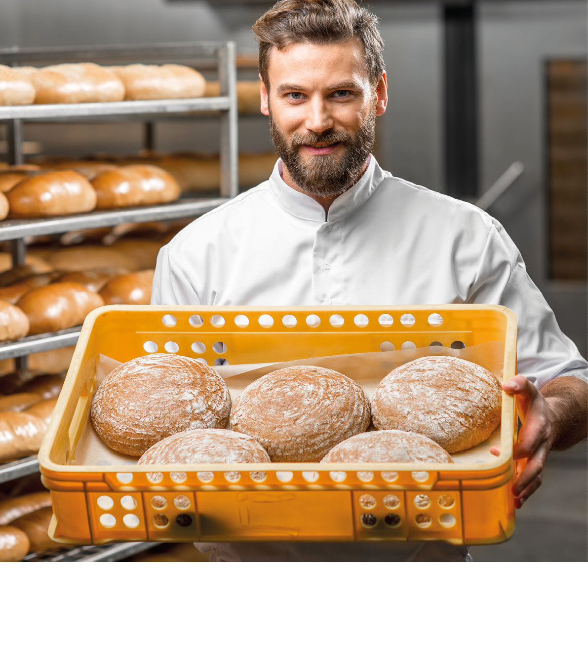 Handsome baker holding box full of freshly baked buckweat breads at the manufacturing