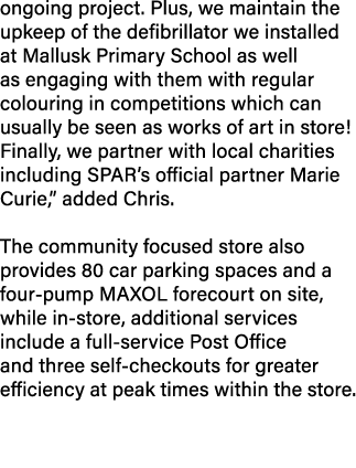 ongoing project. Plus, we maintain the upkeep of the defibrillator we installed at Mallusk Primary School as well as ...