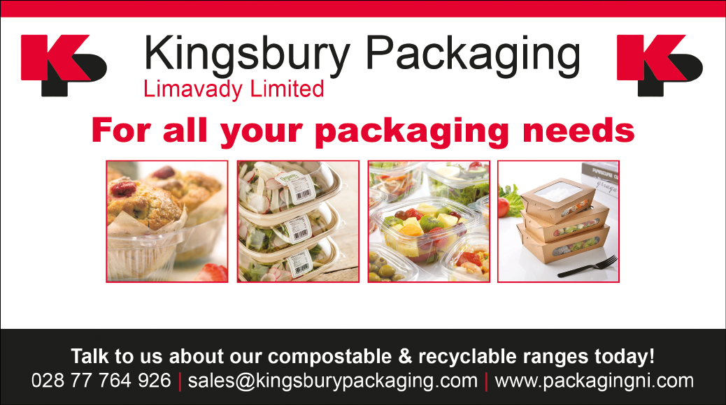 A poster advertising Kingsbury Packaging, a company that specializes in packaging for food and beverages. The poster features four images of food items, including sandwiches, cakes, and fruit. The text on the poster reads “Kingsbury Packaging for all your packaging needs." AI generated content