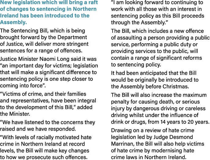 New legislation which will bring a raft of changes to sentencing in Northern Ireland has been introduced to the Assem...