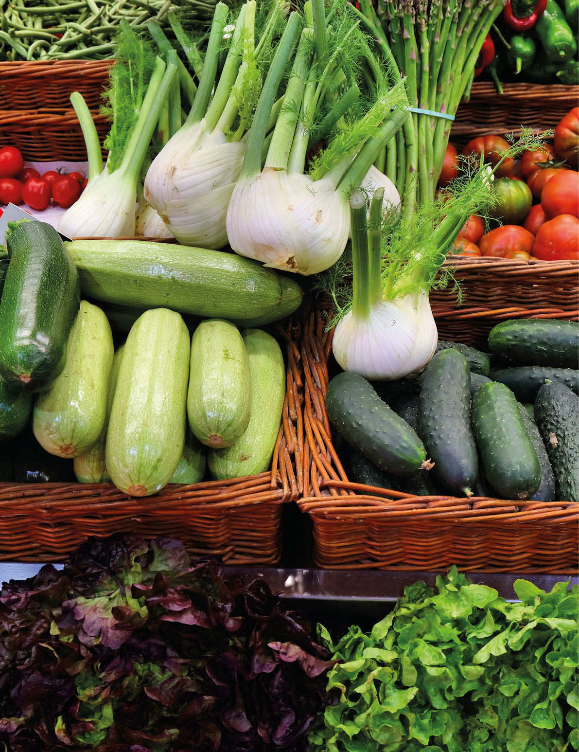 A variety of vegetables are displayed in baskets, including cucumbers, tomatoes, and radishes. AI generated content