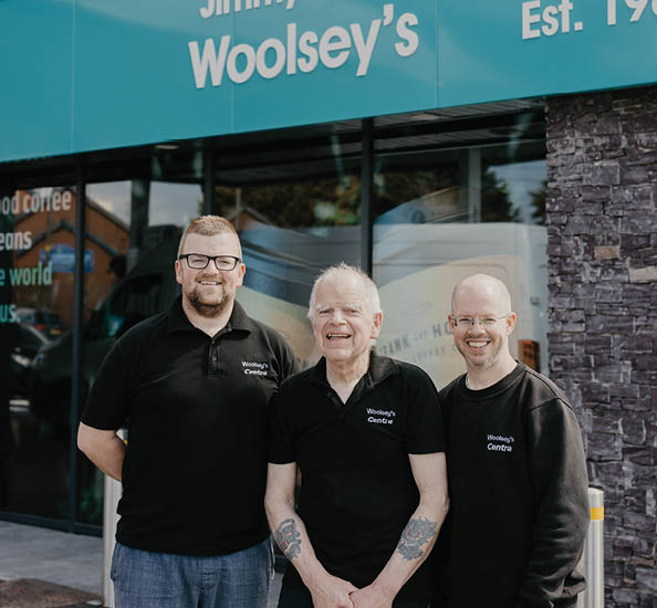 Three men are standing outside of a store. AI generated content