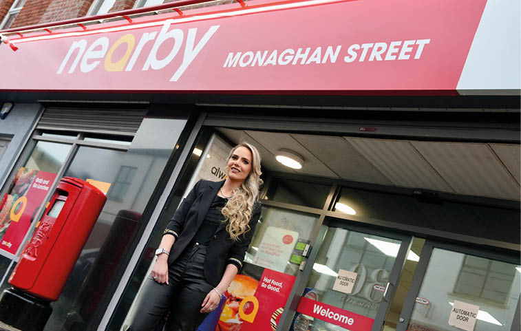 A woman is standing outside a store, posing for a picture. AI generated content