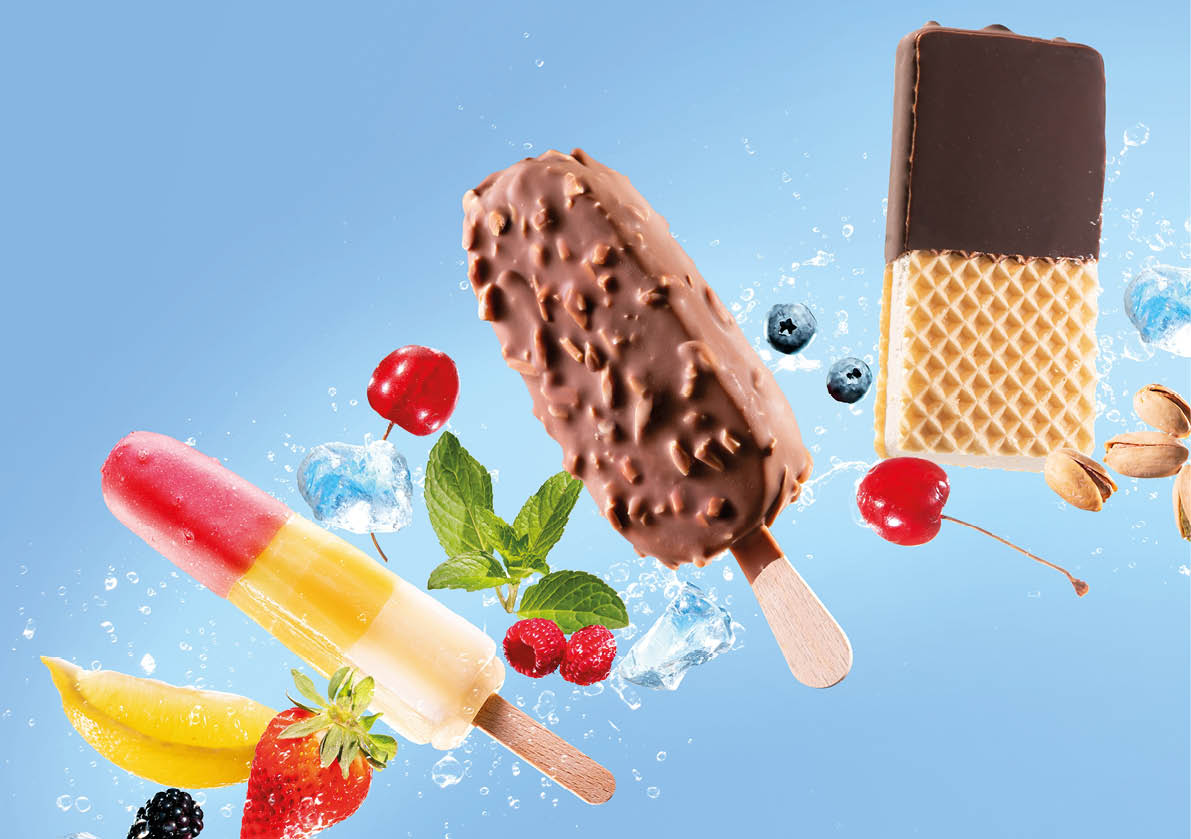A variety of ice cream treats are displayed on a blue background. AI generated content
