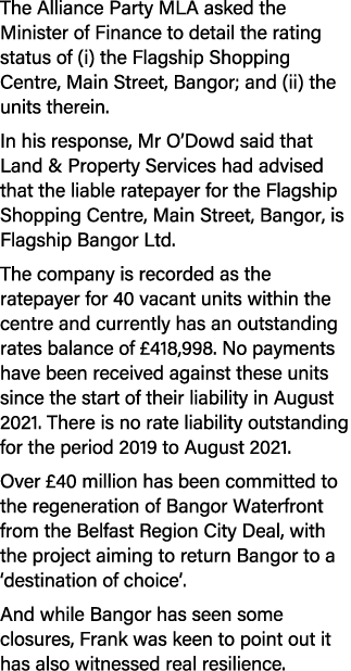 The Alliance Party MLA asked the Minister of Finance to detail the rating status of (i) the Flagship Shopping Centre,...