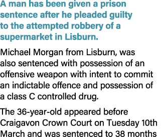 A man has been given a prison sentence after he pleaded guilty to the attempted robbery of a supermarket in Lisburn. ...