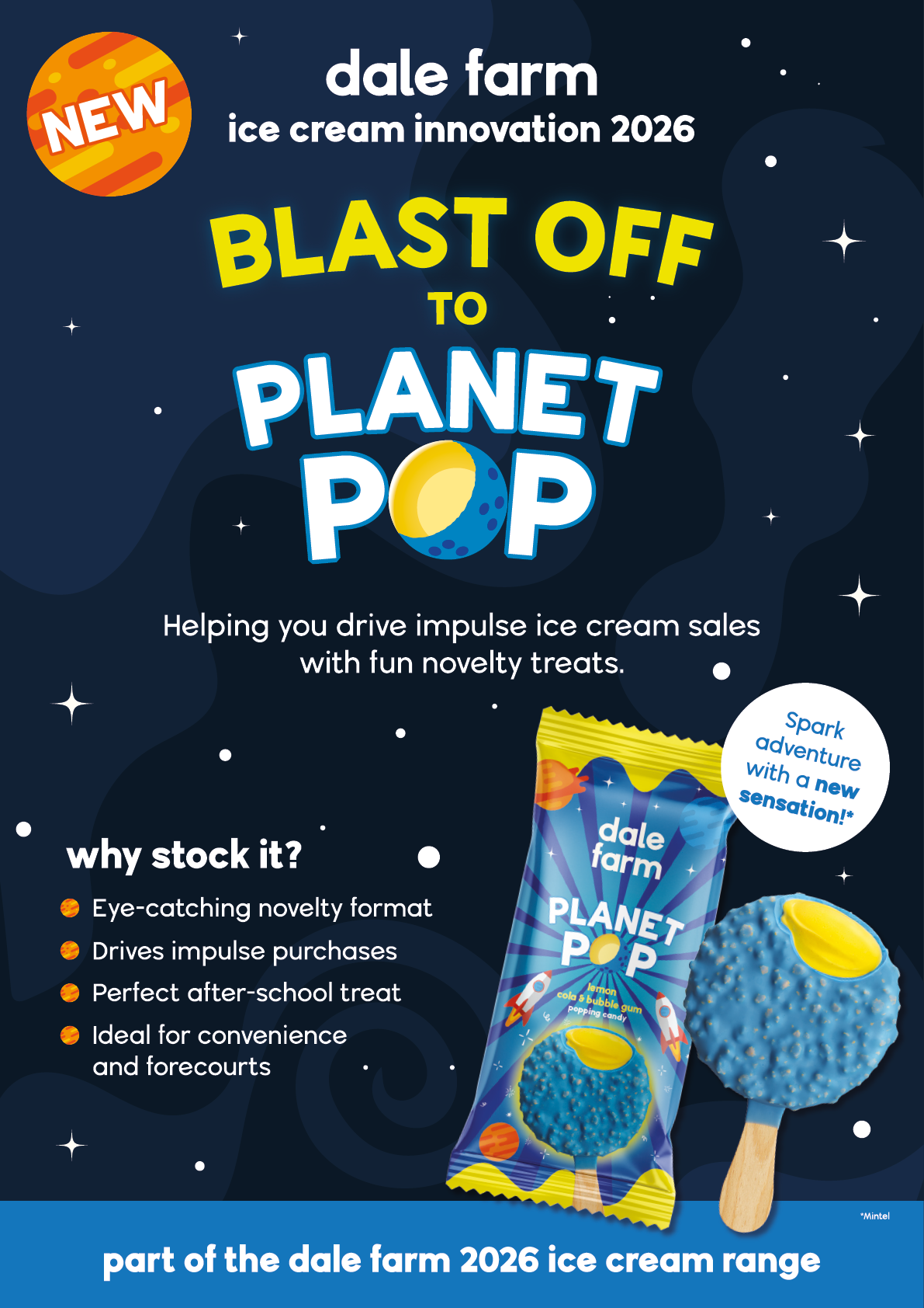 A blue and yellow advertisement for a new ice cream innovation. AI generated content