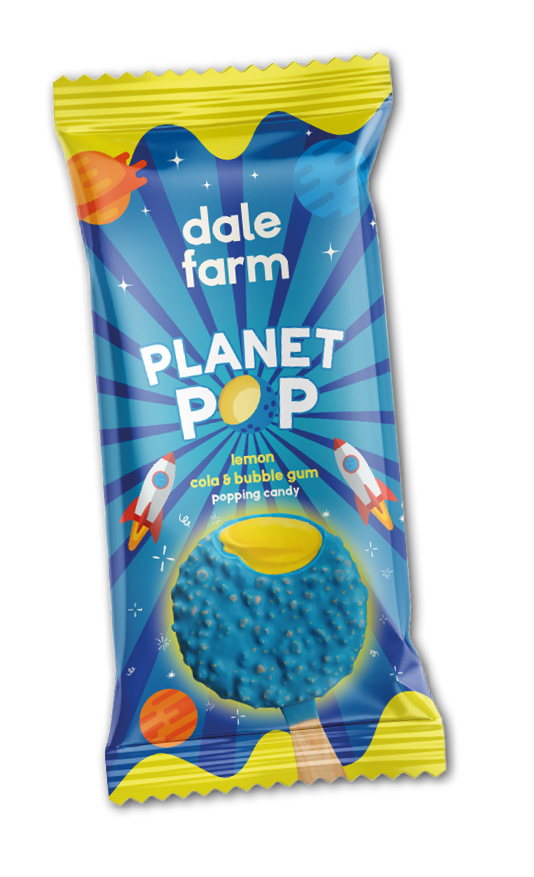 A blue and yellow bag of gum with a rocket ship on it. AI generated content