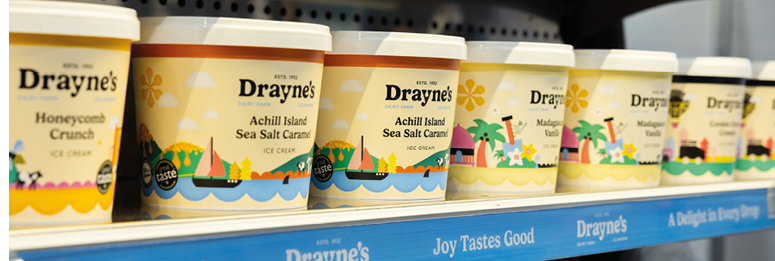 A shelf with a variety of Drayne's products, including ice cream and crisps. AI generated content