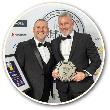 Two men in suits holding awards. AI generated content