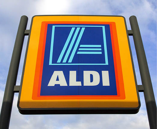 A blue and white sign for a store called Aldi. AI generated content