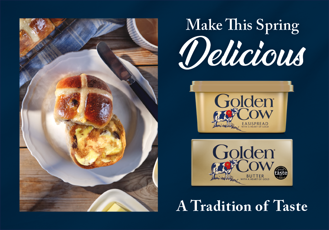 A plate of food with a knife and fork on it. Above the plate, the words “Make this spring delicious" are written. AI generated content