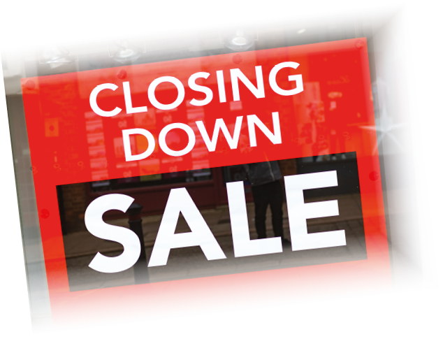 A window display with a red sign that says Closing Down Sale. AI generated content