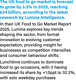 The UK food to go market is forecast to grow by 3.3% in 2025, reaching £24 billion, according to the latest research ...