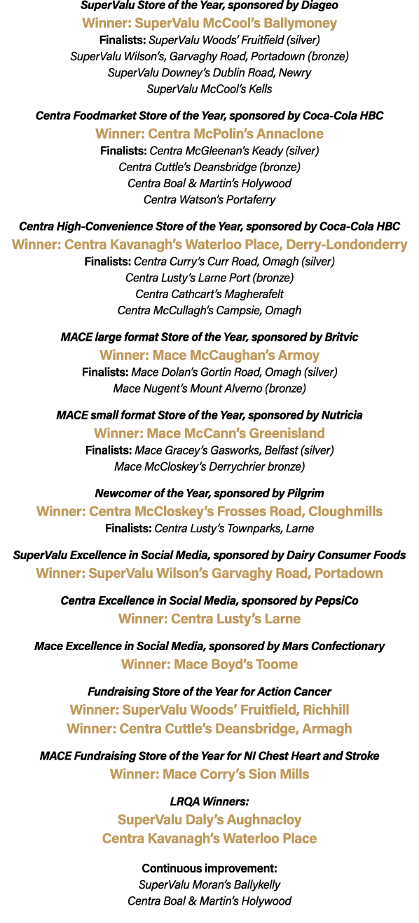 SuperValu Store of the Year, sponsored by Diageo Winner: SuperValu McCool’s Ballymoney Finalists: SuperValu Woods’ Fr...