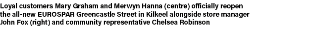 Loyal customers Mary Graham and Merwyn Hanna (centre) officially reopen the all new EUROSPAR Greencastle Street in Ki...