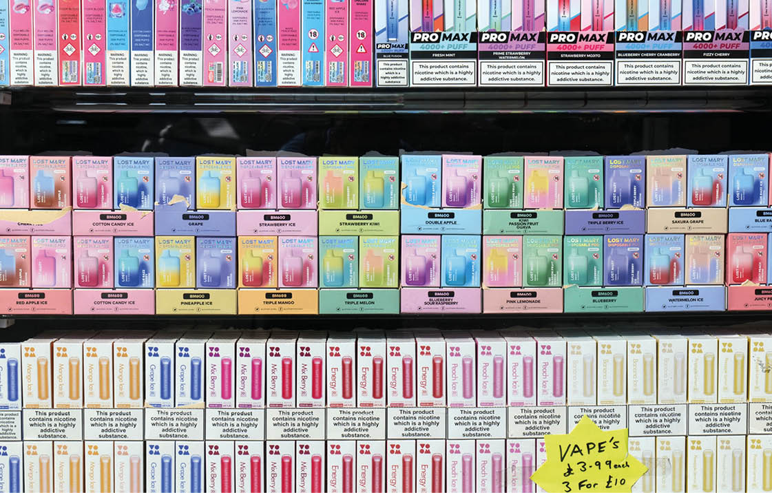 Leeds, UK - 09 09 2023: Electronic cigarettes displayed in shop window. UK Local Government Association released statement in July 2023 calling for Government to ban disposable vapes by 2024.