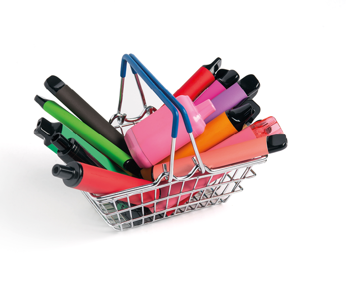 A set of colorful disposable electronic cigarettes of different shapes in a grocery basket on a white background with copy space. Concept of modern smoking.
