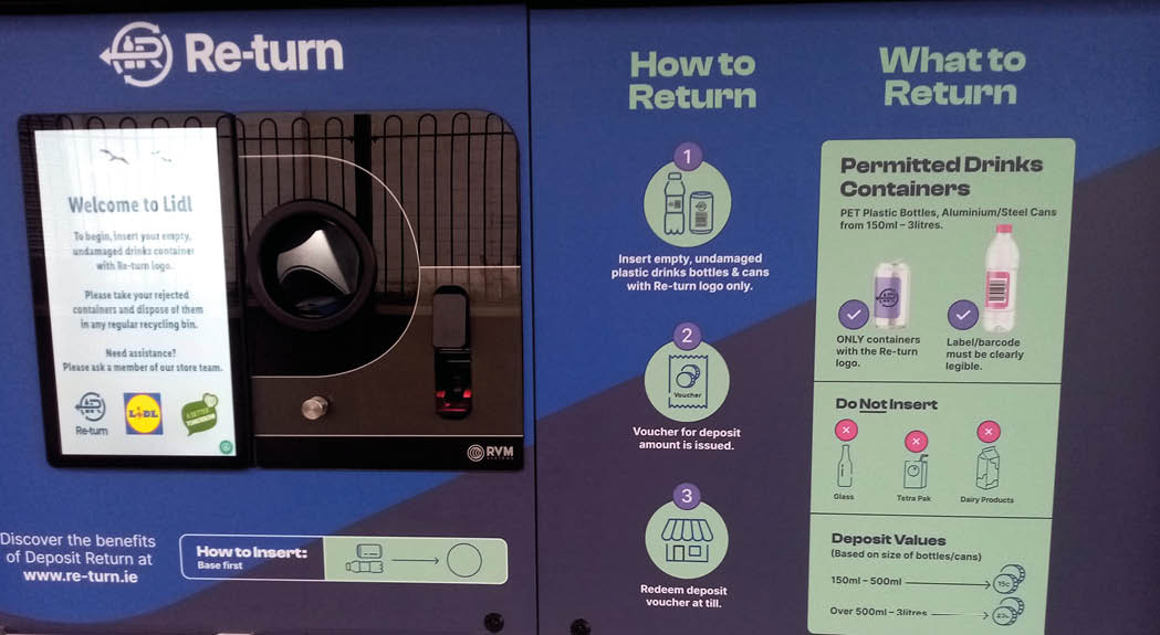 28th February 2024, Dublin, Ireland. New plastic bottle deposit re-turn point recyclable machine, offering empty bottle deposit refund vouchers outside Lidl supermarket. 