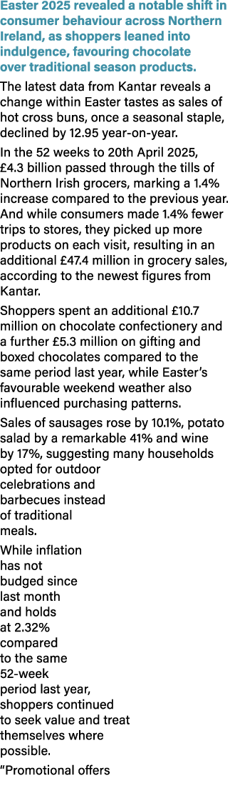 Easter 2025 revealed a notable shift in consumer behaviour across Northern Ireland, as shoppers leaned into indulgenc...