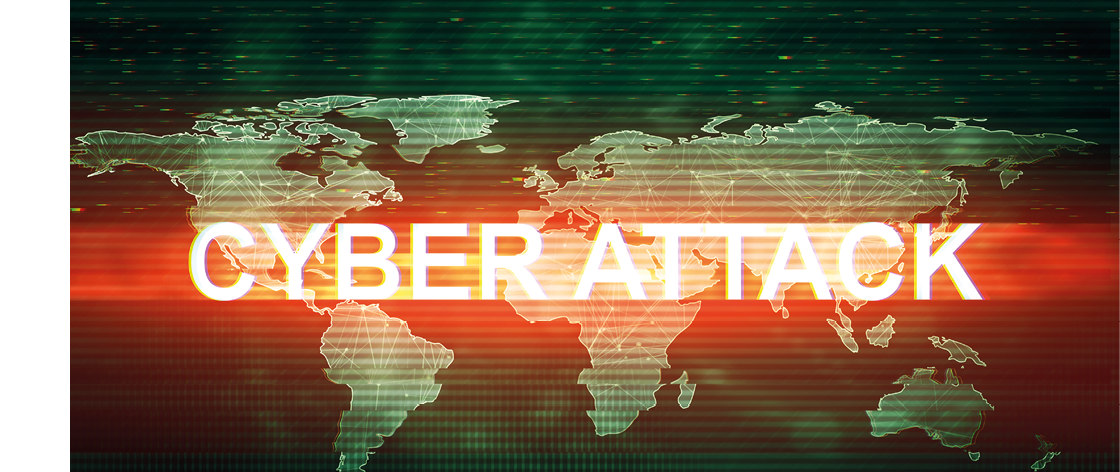 Abstract illustration of distorted dark green display screen with red light spot. Cyber attack inscription in worldwide technology interface. Glitch effect background. Conceptual image of dead pixels.