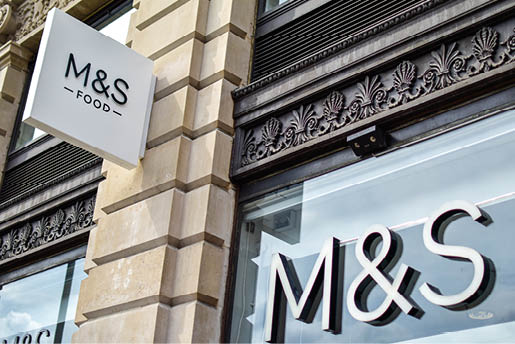 London, UK - 11 August 2019: Facade of M&S Food store on Piccadilly. Marks & Spencer Group is a British retailer headquartered in Westminster that specialises in clothing, home products and food.