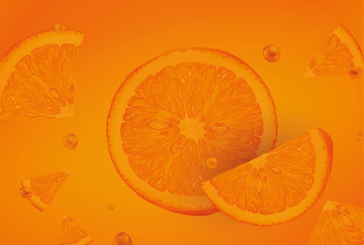 Orange slices with juice drops scatter in different directions. Realistic vector illustration.