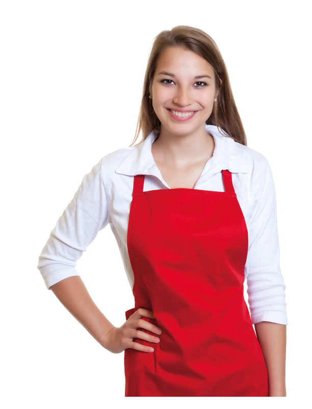 Laughing waitress with red apron