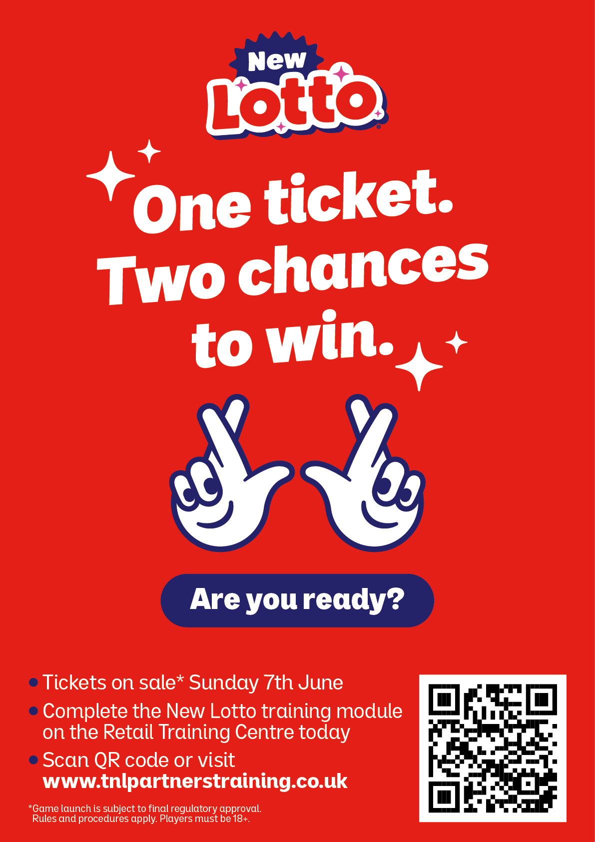 A red poster advertising a lottery with a hand pointing to the words “Are you ready?" Description generated by AI