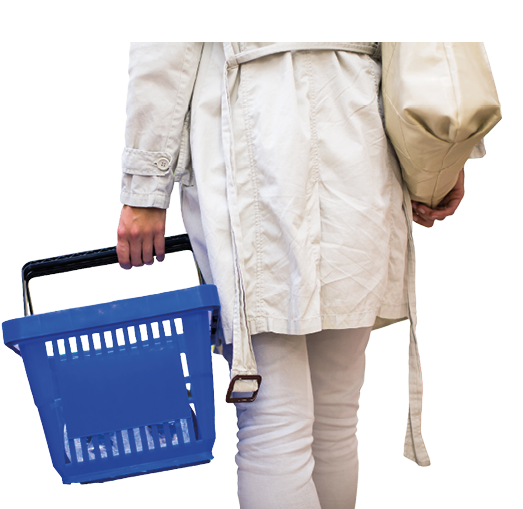 A person holding a blue basket. Description generated by AI