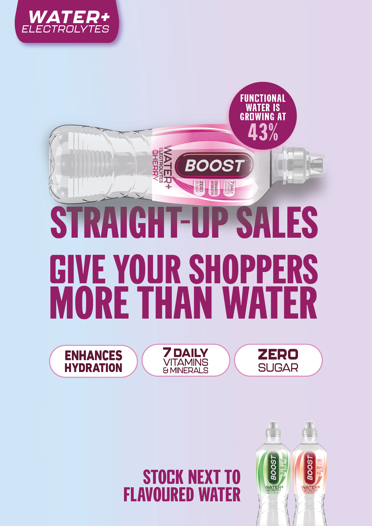 A poster advertising water with the slogan “Straight-Up Sales Give Your Shoppers More Than Water". Description generated by AI